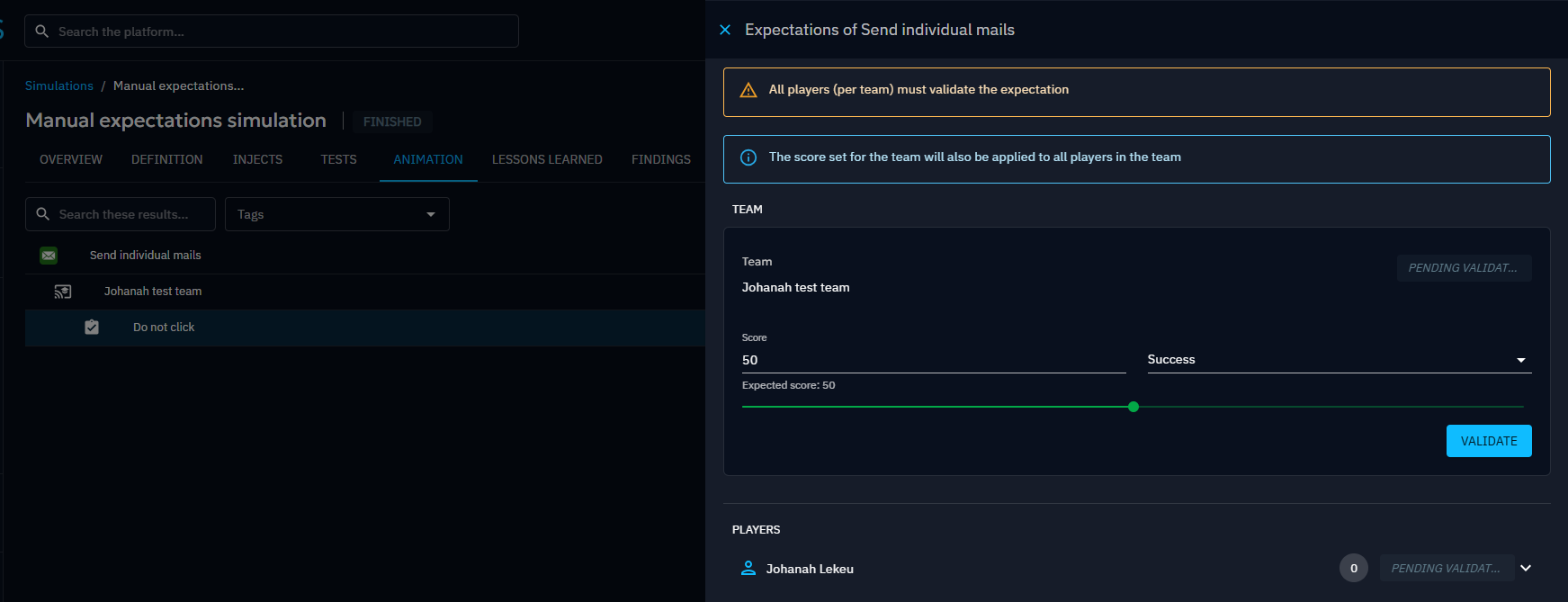 Validate a manual expectation from the animation tab