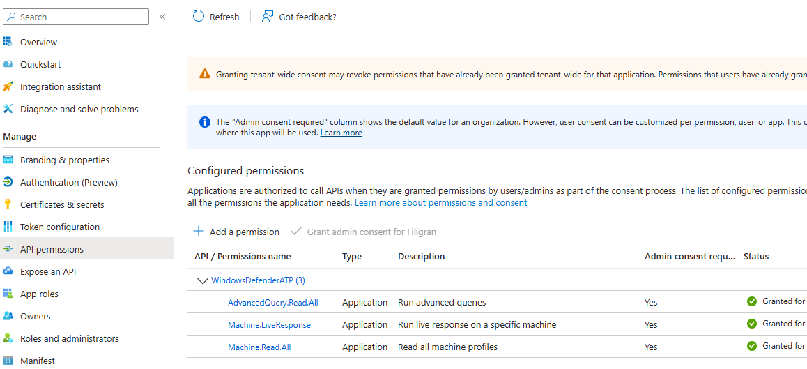 MDE API permissions