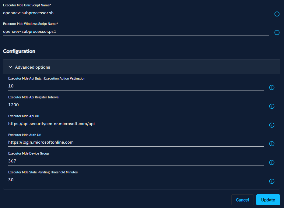 MDE executor advanced options