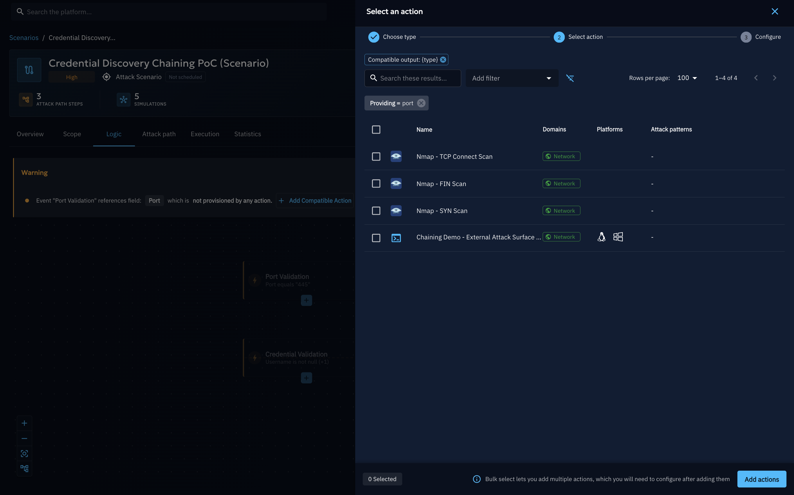 Add actions panel pre-filtered by the missing field, listing only Actions from the Threat Arsenal that can provide it