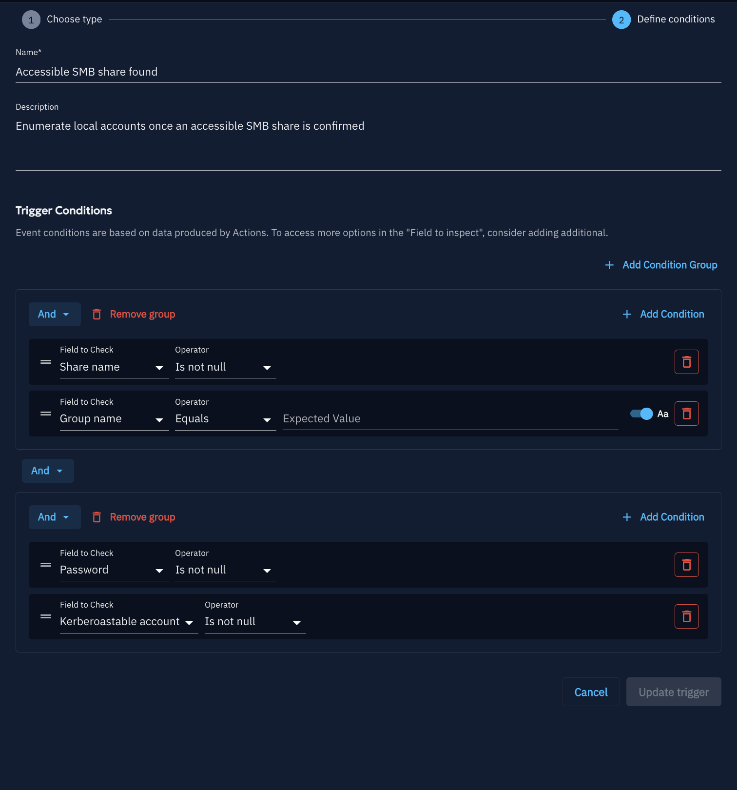 Editing an Event's trigger conditions: two AND condition groups — "Share name is not null" AND "Group name equals" in one, "Password is not null" AND "Kerberoastable account is not null" in the other