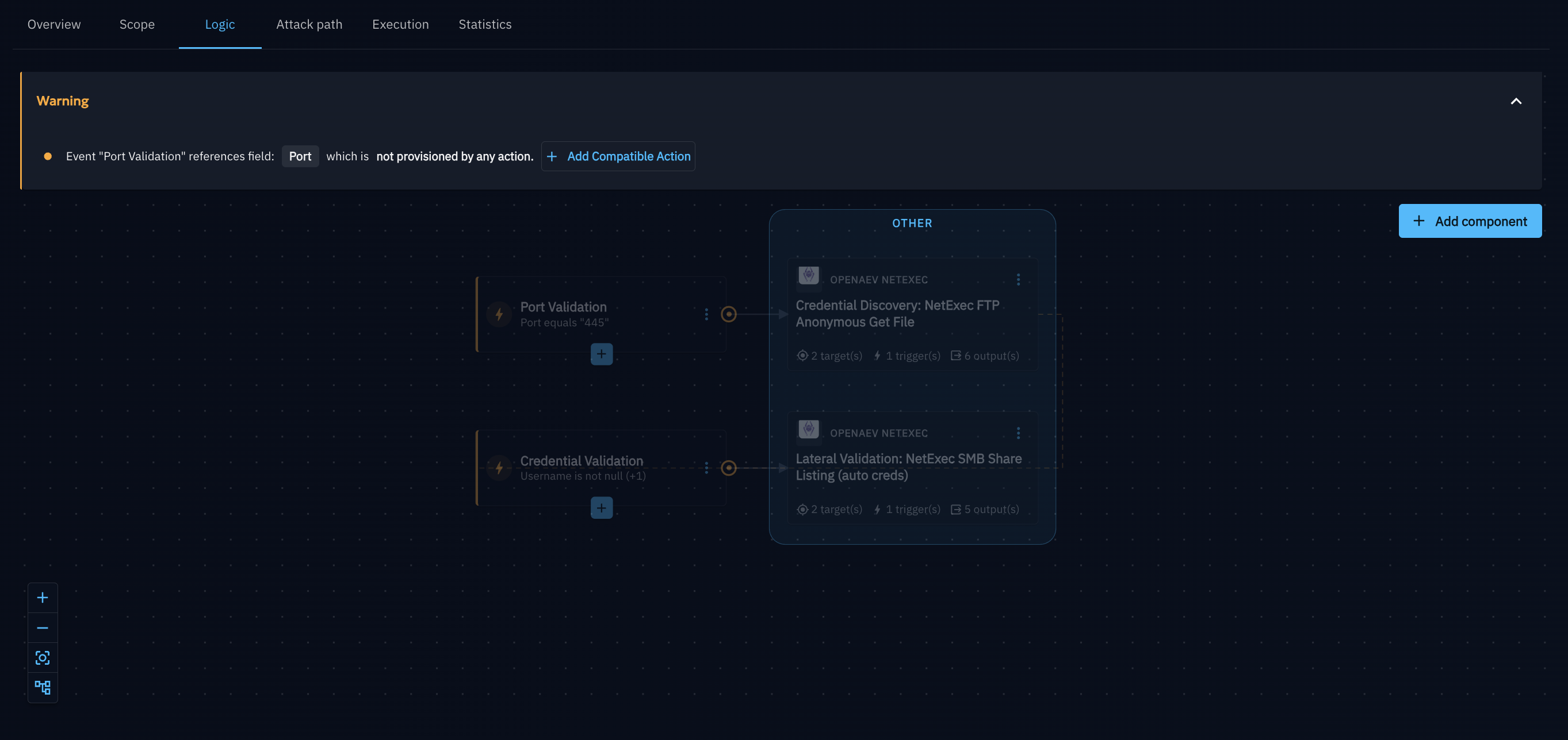 Warning banner listing Events that reference fields not yet provisioned by any Action, each with an Add Compatible Action shortcut