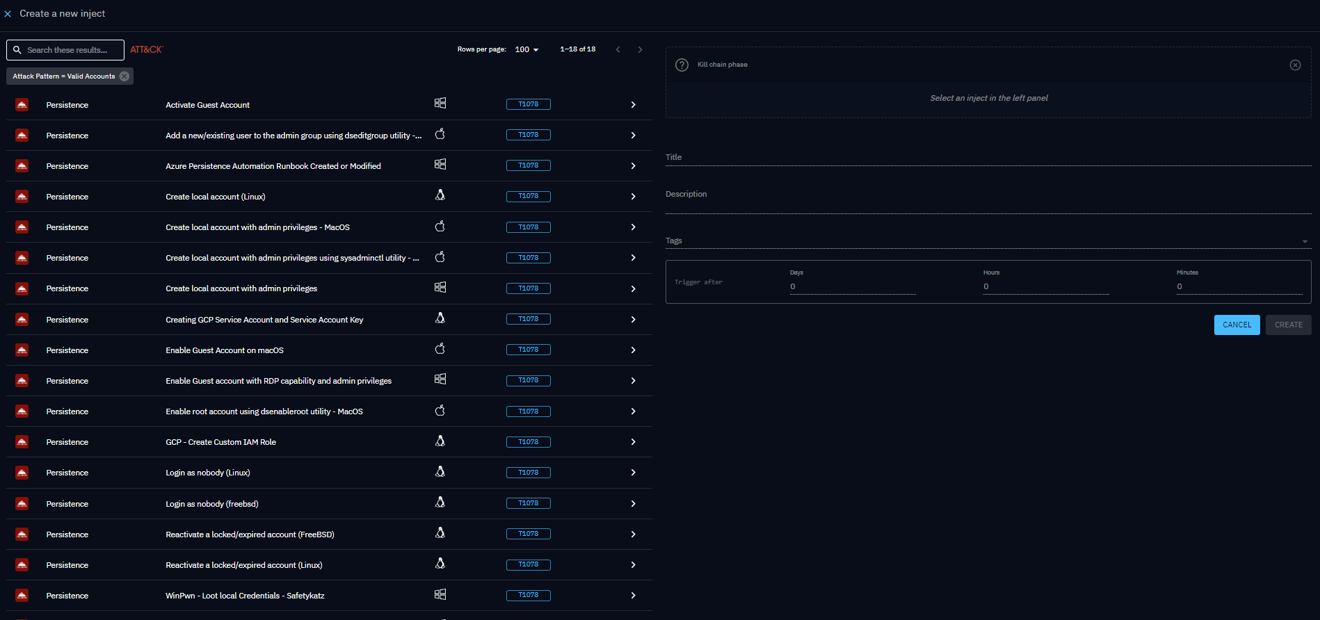 Filtered list of Injects during selection