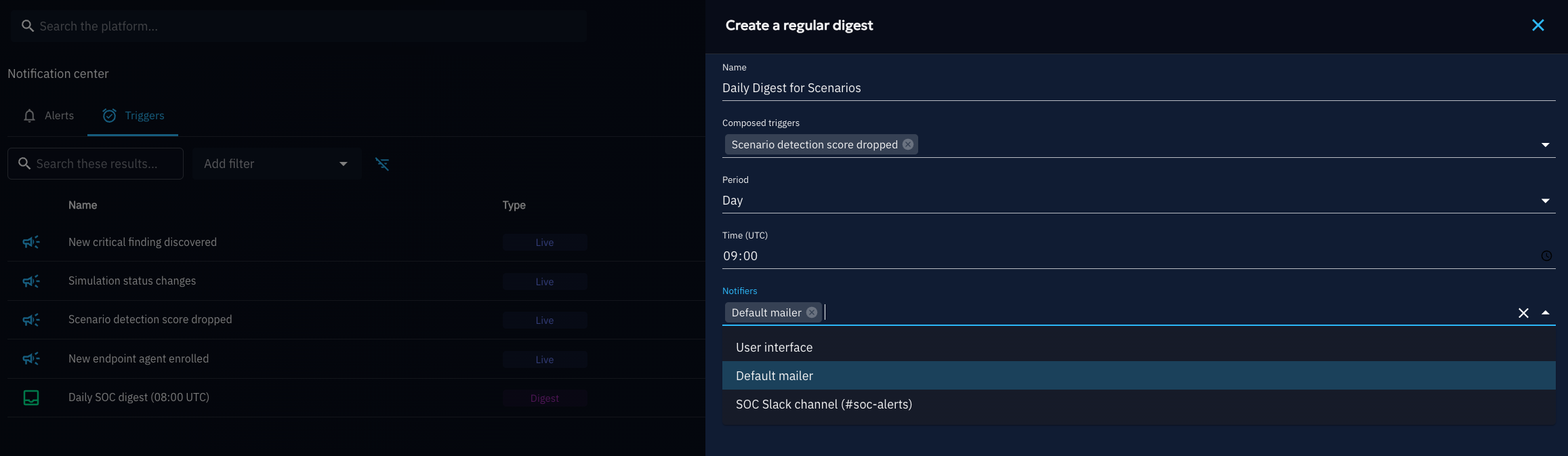 Create a regular digest drawer: Name set to Daily Digest for Scenarios, Composed triggers set to Scenario detection score dropped, Period set to Day, Time 09:00 UTC, and the Notifiers dropdown open with Default mailer selected alongside User interface and SOC Slack channel (#soc-alerts)